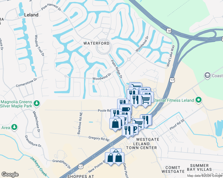 map of restaurants, bars, coffee shops, grocery stores, and more near 1008 Tidings Road in Leland