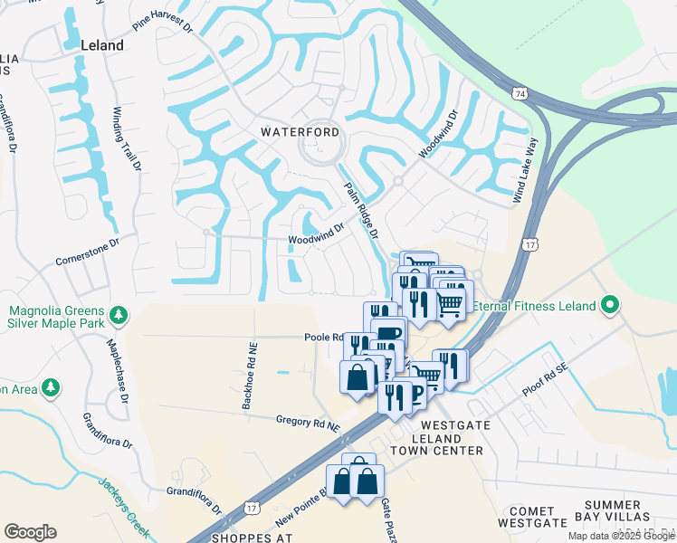 map of restaurants, bars, coffee shops, grocery stores, and more near 1057 Garden Club Way in Leland