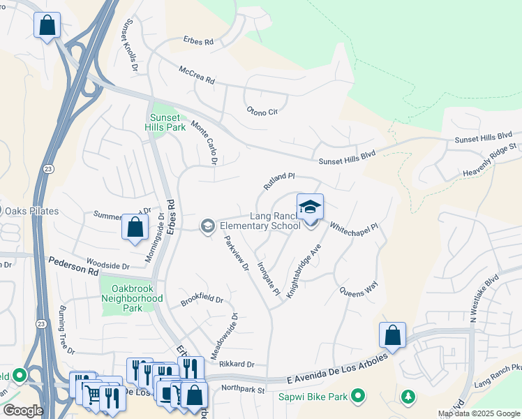 map of restaurants, bars, coffee shops, grocery stores, and more near 2210 Rutland Place in Thousand Oaks