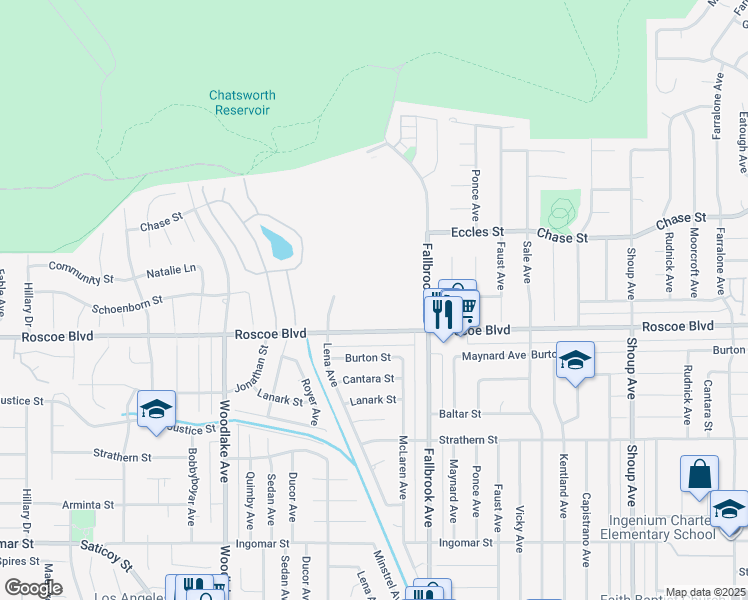 map of restaurants, bars, coffee shops, grocery stores, and more near 22801 Roscoe Boulevard in Los Angeles