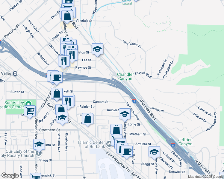 map of restaurants, bars, coffee shops, grocery stores, and more near 10411 Crockett Street in Los Angeles