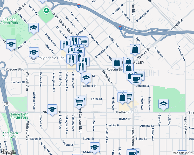 map of restaurants, bars, coffee shops, grocery stores, and more near 11957 Burton Street in Los Angeles