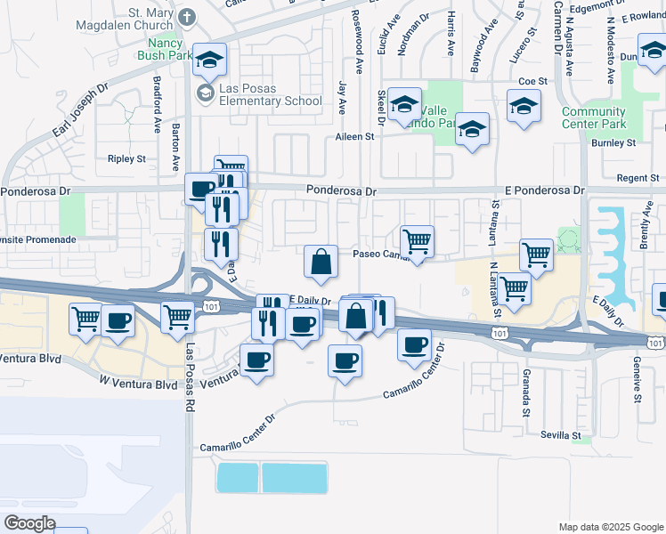 map of restaurants, bars, coffee shops, grocery stores, and more near 480 Paseo Camarillo in Camarillo