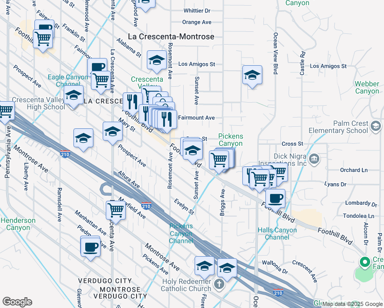 map of restaurants, bars, coffee shops, grocery stores, and more near 2502 Cross Street in La Crescenta-Montrose
