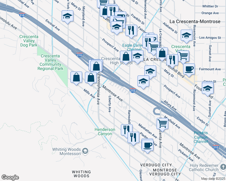 map of restaurants, bars, coffee shops, grocery stores, and more near 3115 Montrose Avenue in Glendale