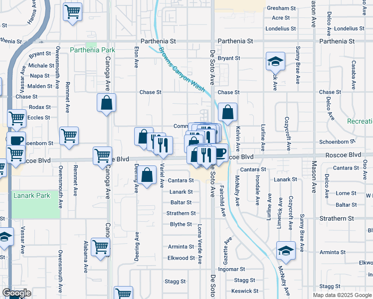 map of restaurants, bars, coffee shops, grocery stores, and more near 21022 Schoenborn Street in Los Angeles