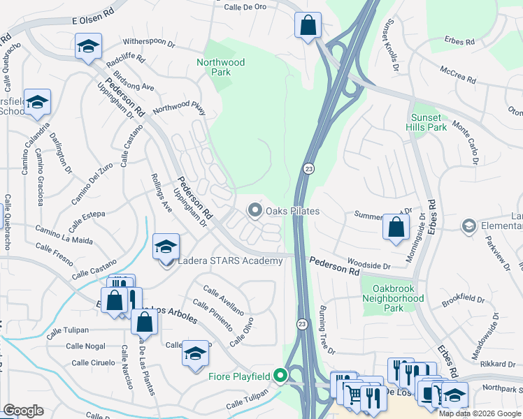 map of restaurants, bars, coffee shops, grocery stores, and more near 1493 Palm Court in Thousand Oaks