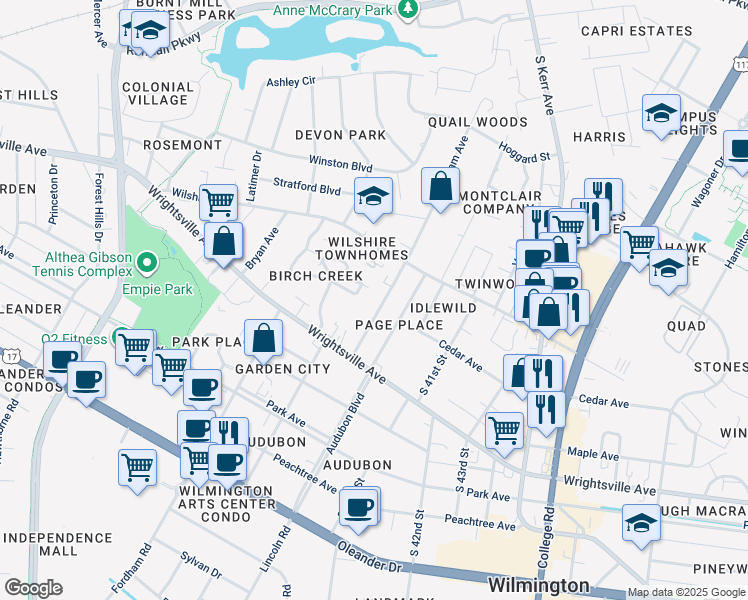map of restaurants, bars, coffee shops, grocery stores, and more near 930 Bonham Avenue in Wilmington