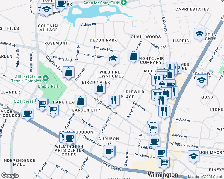 map of restaurants, bars, coffee shops, grocery stores, and more near 930 Bonham Avenue in Wilmington