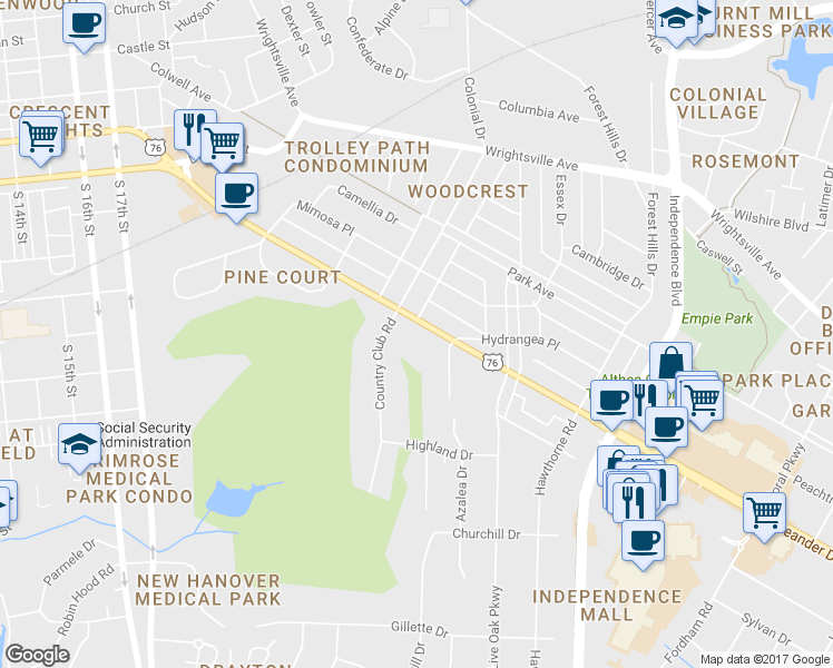 map of restaurants, bars, coffee shops, grocery stores, and more near 2514 Oleander Drive in Wilmington