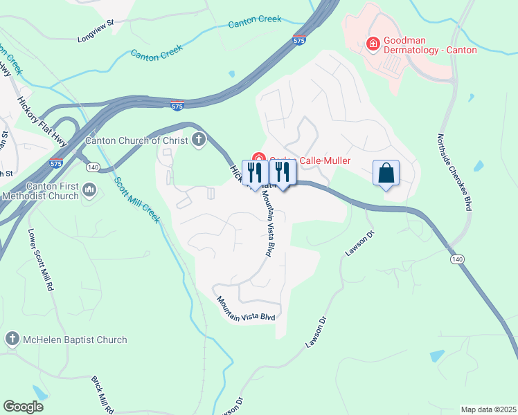 map of restaurants, bars, coffee shops, grocery stores, and more near 110 Mountain Vista Boulevard in Canton