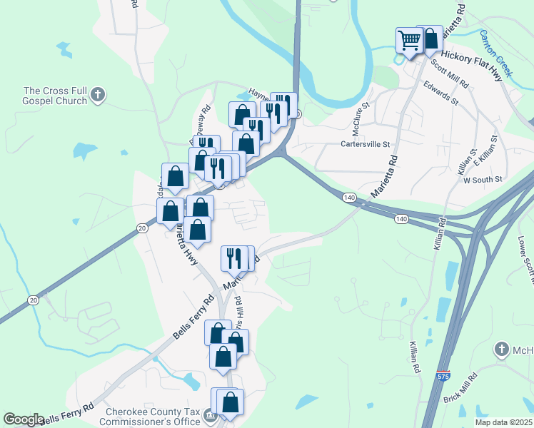map of restaurants, bars, coffee shops, grocery stores, and more near 350 Herndon Lane in Canton