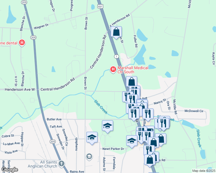 map of restaurants, bars, coffee shops, grocery stores, and more near 600 Corley Avenue in Boaz