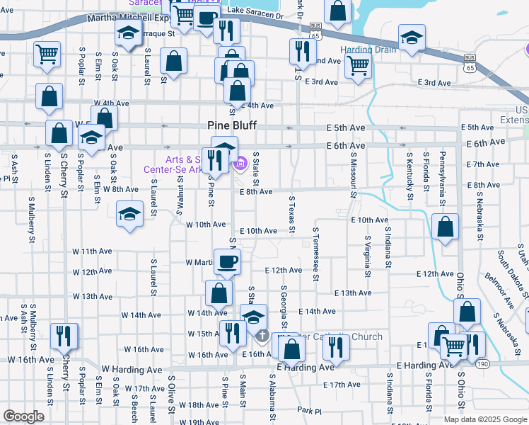 map of restaurants, bars, coffee shops, grocery stores, and more near 200 East 8th Avenue in Pine Bluff