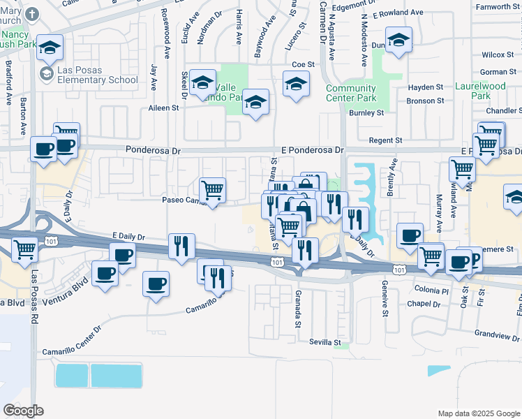 map of restaurants, bars, coffee shops, grocery stores, and more near 923 Paseo Camarillo in Camarillo