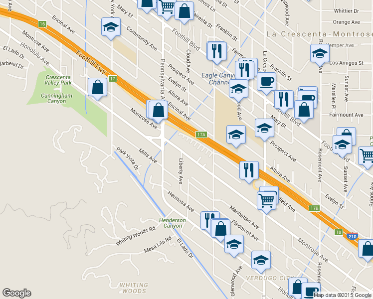 map of restaurants, bars, coffee shops, grocery stores, and more near 3105 Montrose Avenue in Glendale