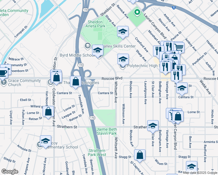 map of restaurants, bars, coffee shops, grocery stores, and more near Burton Street in Los Angeles