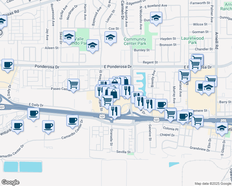 map of restaurants, bars, coffee shops, grocery stores, and more near 383 Carmen Drive in Camarillo