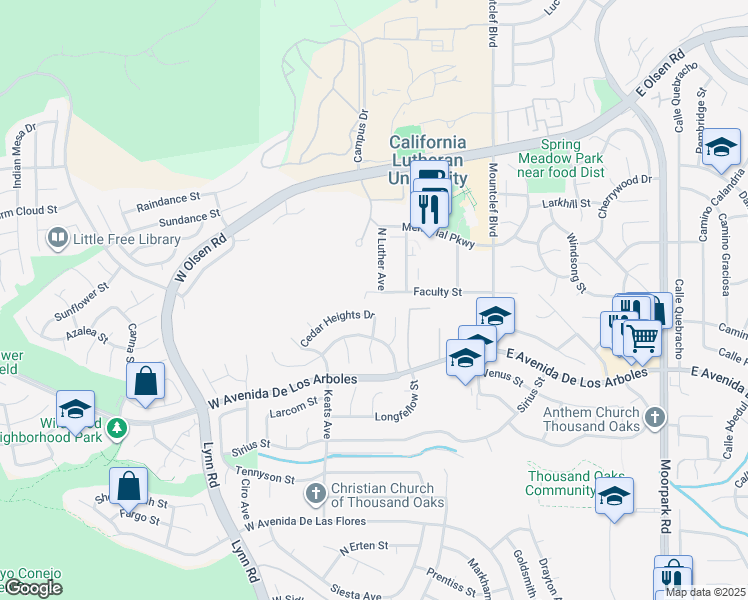 map of restaurants, bars, coffee shops, grocery stores, and more near 202 Faculty Street in Thousand Oaks