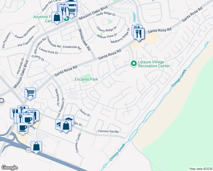 map of restaurants, bars, coffee shops, grocery stores, and more near 2 Camarillo Street in Camarillo