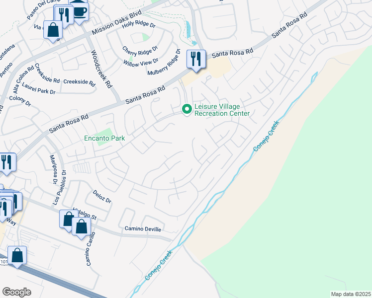 map of restaurants, bars, coffee shops, grocery stores, and more near 6141 Village 6 in Camarillo