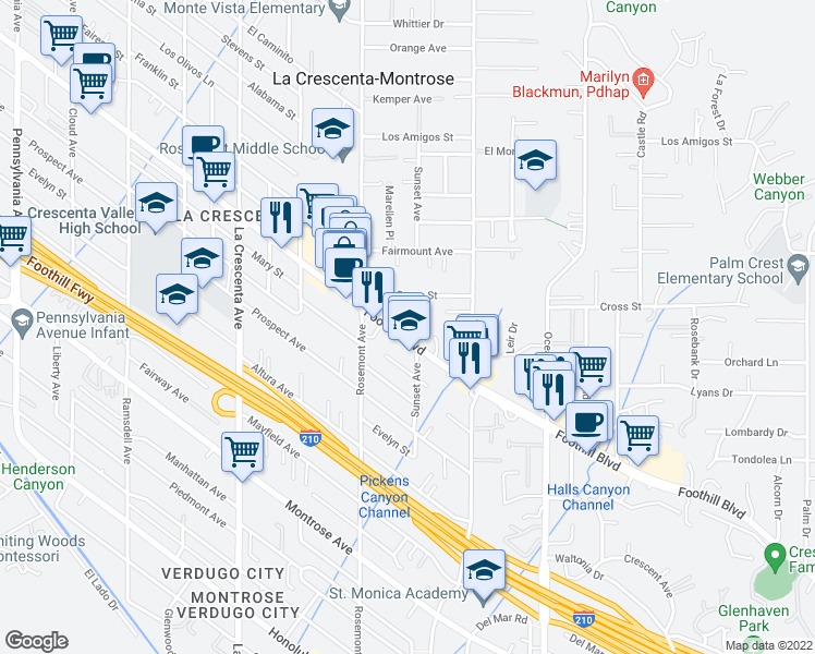map of restaurants, bars, coffee shops, grocery stores, and more near 2515 Foothill Boulevard in La Crescenta-Montrose