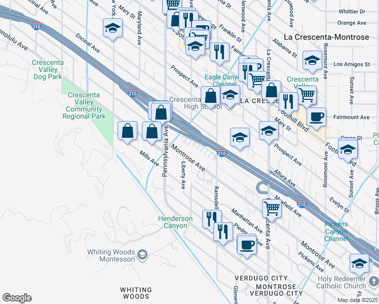 map of restaurants, bars, coffee shops, grocery stores, and more near 3105 Montrose Avenue in Glendale
