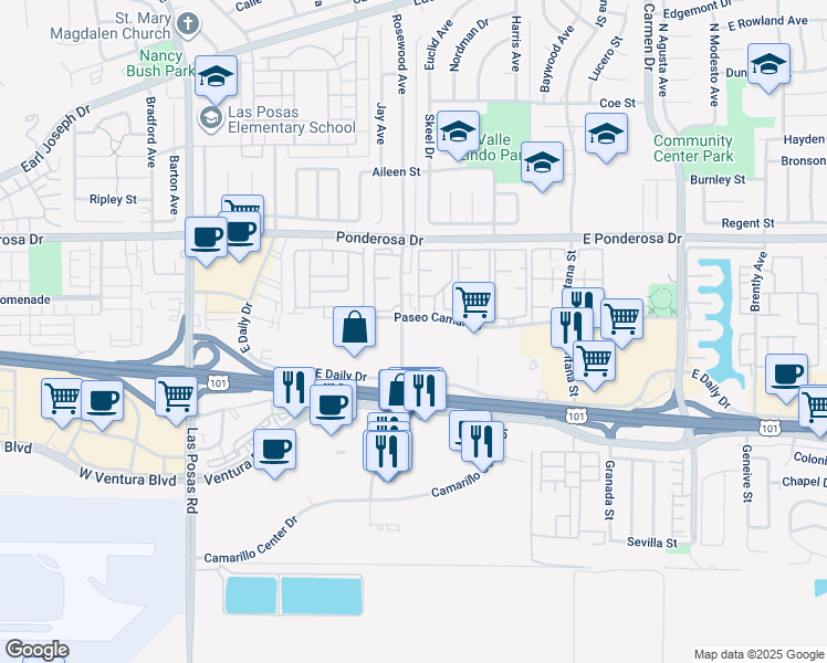 map of restaurants, bars, coffee shops, grocery stores, and more near 576 Rosewood Avenue in Camarillo