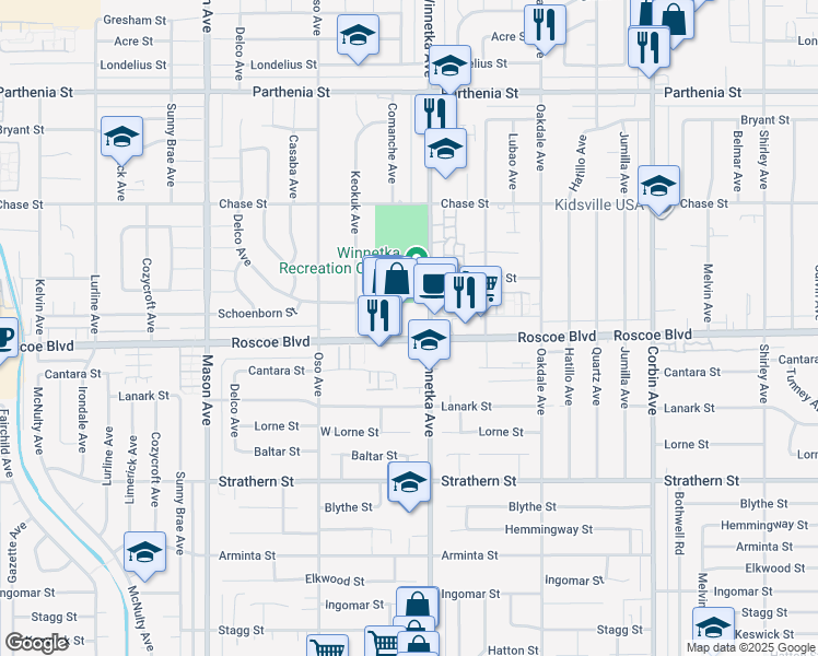 map of restaurants, bars, coffee shops, grocery stores, and more near 20111 Roscoe Boulevard in Los Angeles