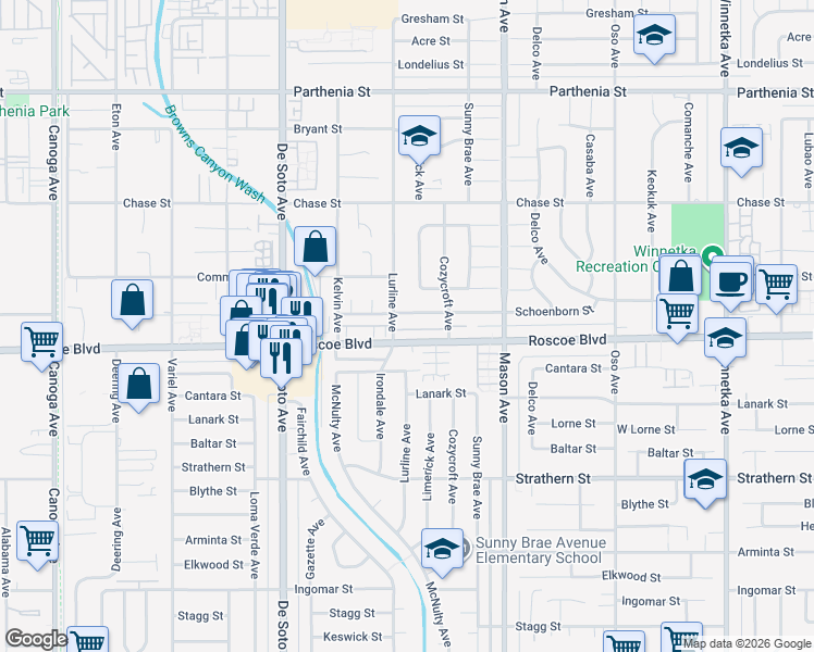 map of restaurants, bars, coffee shops, grocery stores, and more near 20645 Roscoe Boulevard in Los Angeles