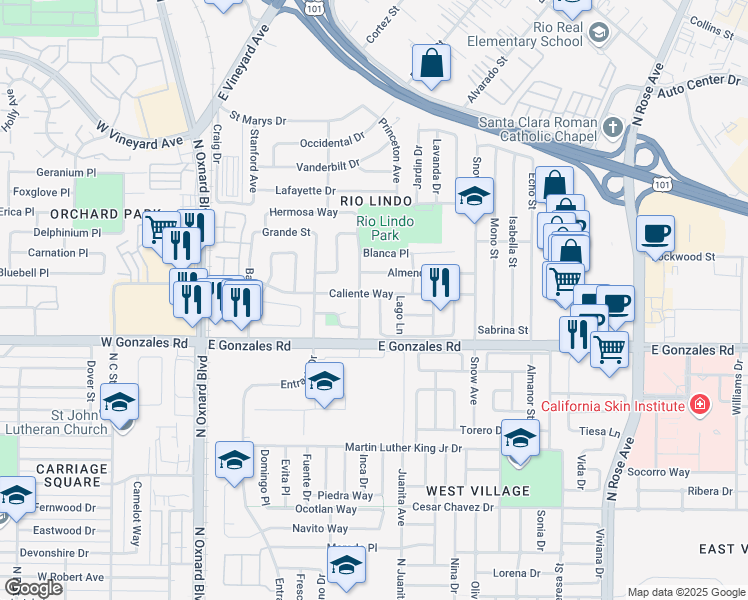 map of restaurants, bars, coffee shops, grocery stores, and more near 1985 Junto Lane in Oxnard
