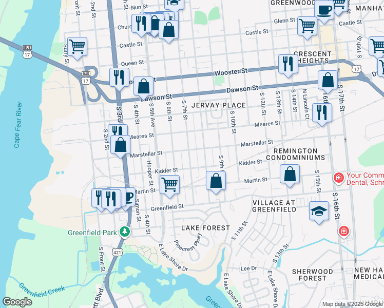 map of restaurants, bars, coffee shops, grocery stores, and more near 705 Marstellar Street in Wilmington