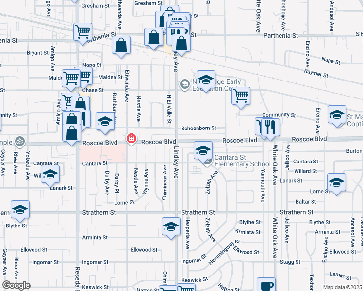map of restaurants, bars, coffee shops, grocery stores, and more near 18048 Roscoe Boulevard in Los Angeles