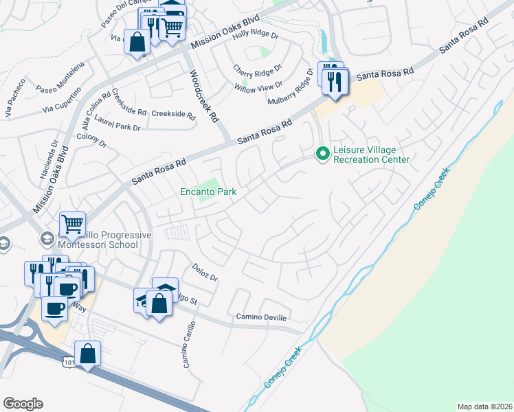map of restaurants, bars, coffee shops, grocery stores, and more near 6310 Village 6 in Camarillo
