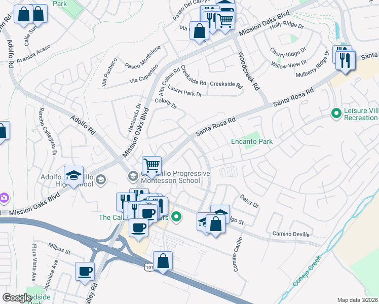 map of restaurants, bars, coffee shops, grocery stores, and more near 489 Mariposa Drive in Camarillo