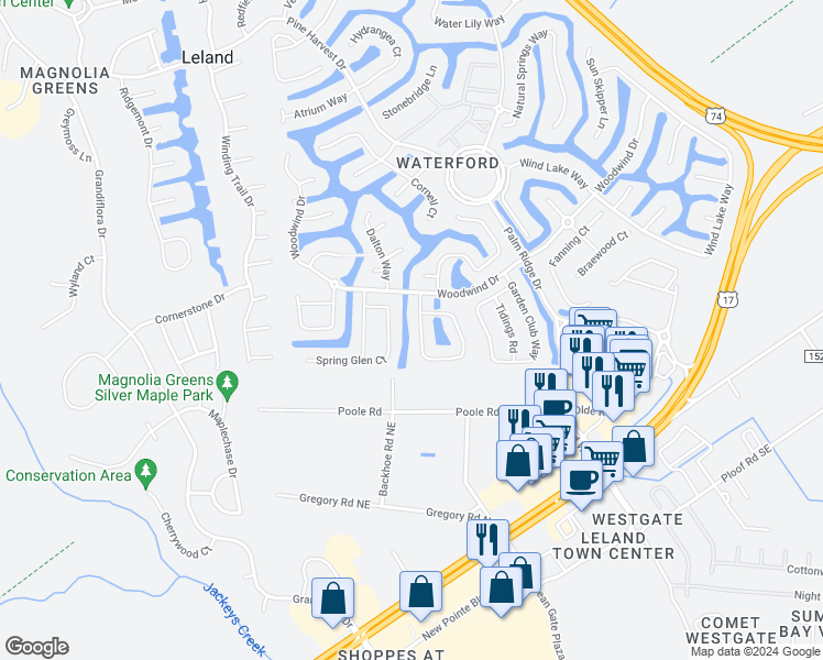 map of restaurants, bars, coffee shops, grocery stores, and more near 1012 Golden Sands Way in Leland