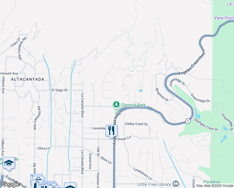 map of restaurants, bars, coffee shops, grocery stores, and more near 1004 El Vago Street in La Cañada Flintridge