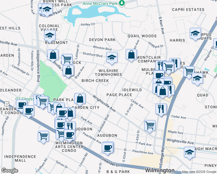 map of restaurants, bars, coffee shops, grocery stores, and more near 2027 Albert Circle in Wilmington