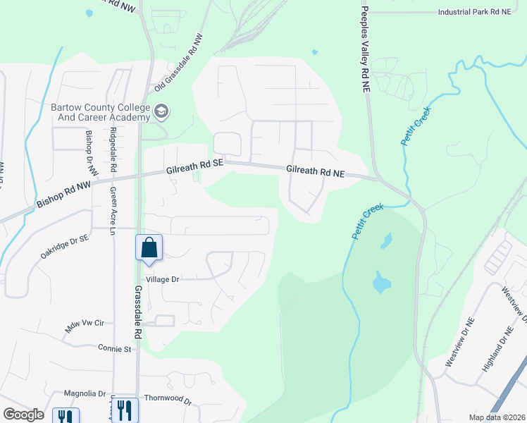 map of restaurants, bars, coffee shops, grocery stores, and more near 239 Evergreen Trail Southeast in Cartersville