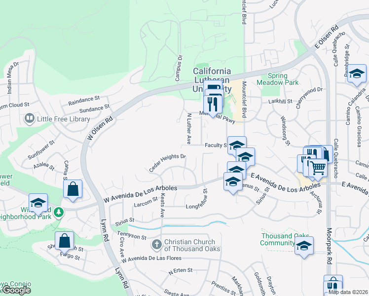 map of restaurants, bars, coffee shops, grocery stores, and more near 202 Faculty Street in Thousand Oaks