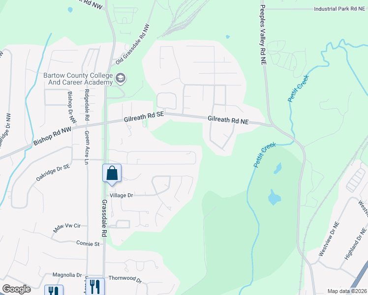 map of restaurants, bars, coffee shops, grocery stores, and more near 235 Evergreen Trail Southeast in Cartersville
