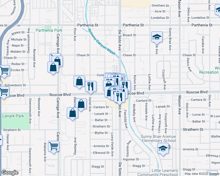 map of restaurants, bars, coffee shops, grocery stores, and more near 20945 Roscoe Boulevard in Los Angeles