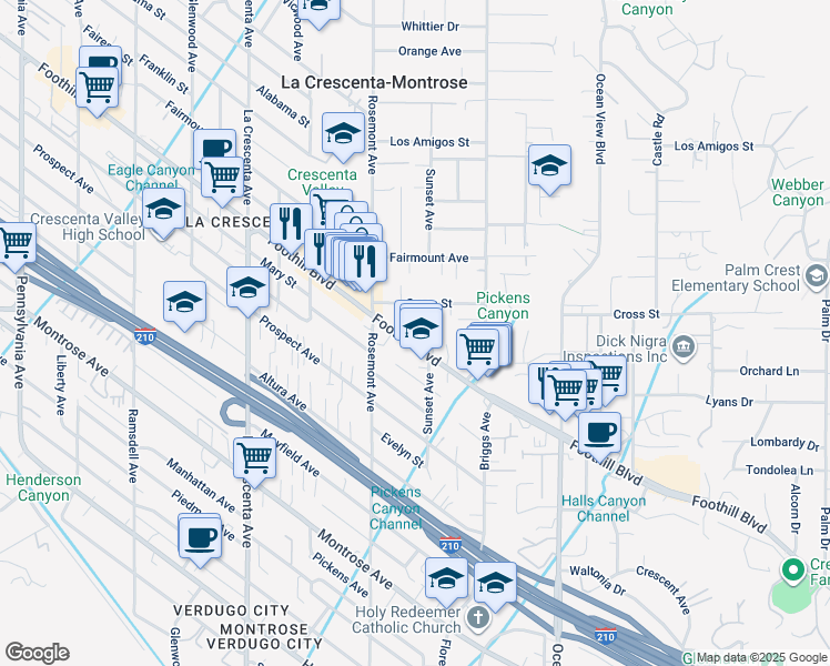 map of restaurants, bars, coffee shops, grocery stores, and more near 2502 Cross Street in La Crescenta-Montrose