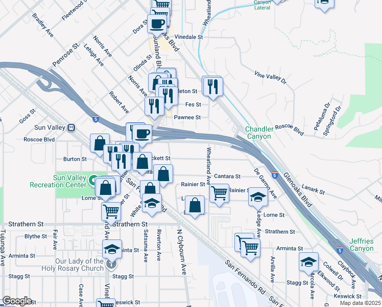 map of restaurants, bars, coffee shops, grocery stores, and more near 10700 Roscoe Boulevard in Los Angeles