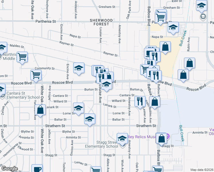 map of restaurants, bars, coffee shops, grocery stores, and more near 8238 North Sharuzi Lane in Los Angeles