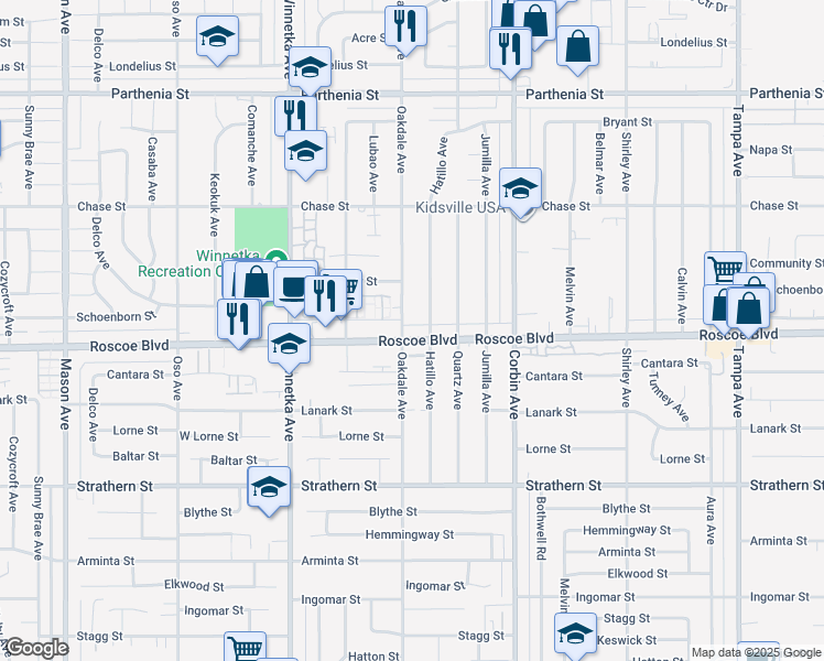 map of restaurants, bars, coffee shops, grocery stores, and more near 8329 Hatillo Avenue in Los Angeles