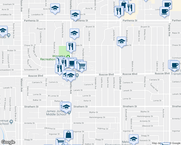 map of restaurants, bars, coffee shops, grocery stores, and more near Unnamed Road in Los Angeles