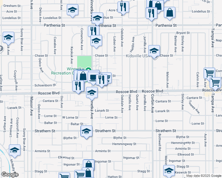 map of restaurants, bars, coffee shops, grocery stores, and more near 8325 Penfield Avenue in Los Angeles