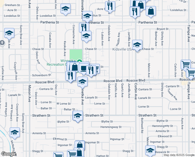 map of restaurants, bars, coffee shops, grocery stores, and more near 8325 Penfield Avenue in Los Angeles