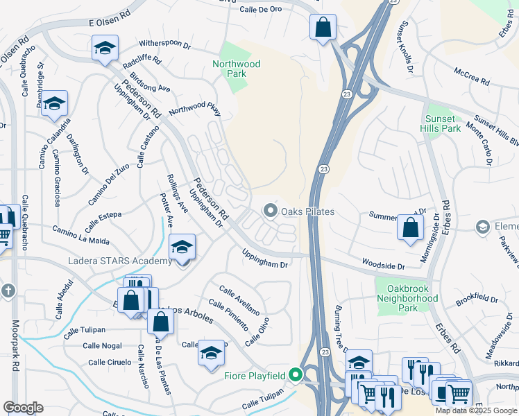 map of restaurants, bars, coffee shops, grocery stores, and more near 1493 Palm Court in Thousand Oaks
